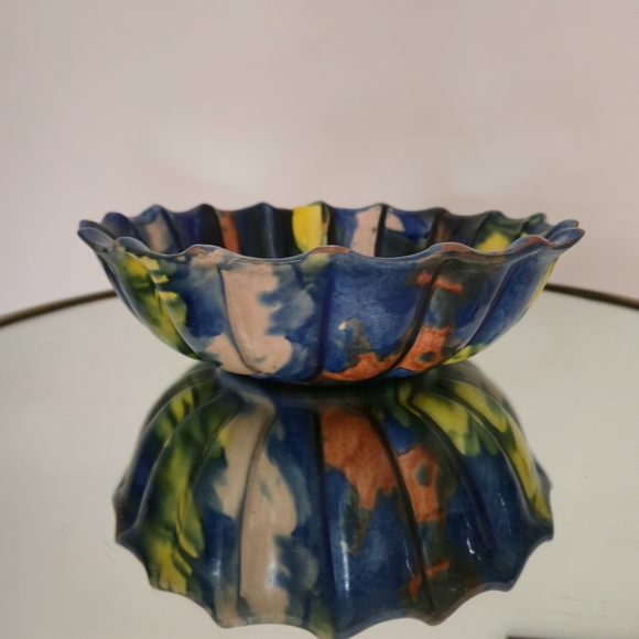 Vintage Oaxacan Dripware Scalloped Ceramic Bowl - Blue, Orange, Yellow - Picture 2 of 7